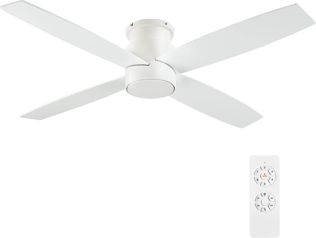 WINGBO 44" Flush Mount DC Ceiling Fan without Lights, 4 Reversible Blades in White/Oak Finish, Ultra Quiet 6-Speed DC Motor, Hugger Low Profile Ceiling Fan No Lights for Bedroom, Indoor/Outdoor Use