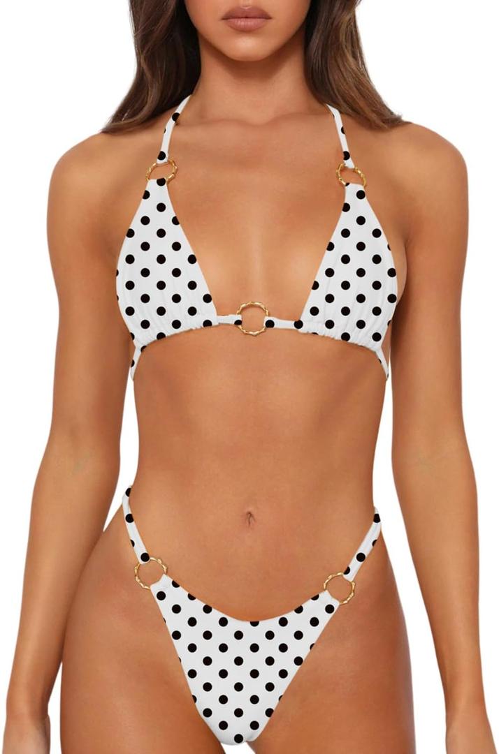 Sexy Bikinis for Women 2 Piece Bikini Spaghetti Strap Swimsuits Solid Color Bathing Swimwear Triangle Bathing Suit (Medium, White-polka Dots) Sexy Bikinis for Women 2 Piece Bikini Spaghetti Strap Swimsuits Solid Color Bathing Swimwear Triangle Bathing Suit (Medium, White-polka Dots)