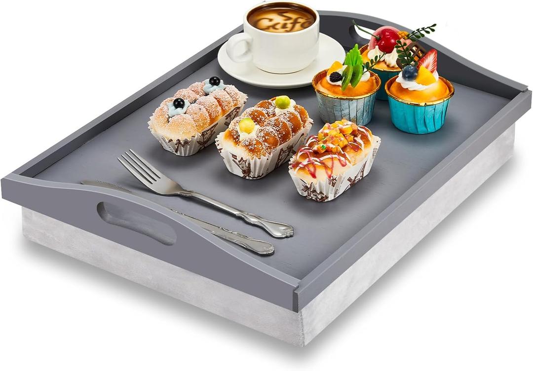 Tioncy Bamboo Lap Tray with Detachable Pillow 16.9'' x 13'' Lap TV Trays Lap Desk with Handles for Adults Eating in Recliner Breakfast Housewarming Gift(Grey, 1 Piece)