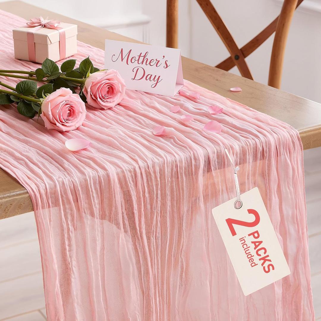 Pureegg 2-Pack Cheesecloth Table Runner, 120'' Easter Spring Boho Gauze Table Cloth Decorations for Party, Baby Shower, Wedding and Farmhouse, Fabric Room Decor, Dusty Pink
