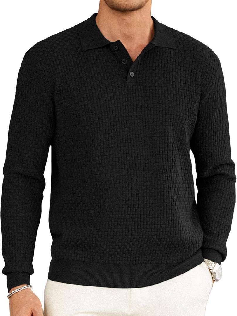 Hardaddy Men's Knit Polo Shirts Long Sleeve Button Up Pullover Sweater Textured Casual Collared Tops (3X-Large, Black)