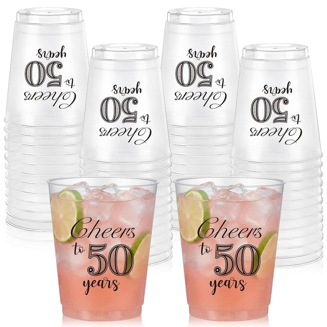 Acellegic 50 Pack 50th Birthday Frost Cups 12 oz Cheers to 50 Years Birthday Decorations Disposable Clear Plastic Cups for Women Men Cold Drinks Wedding Anniversary Party Favors