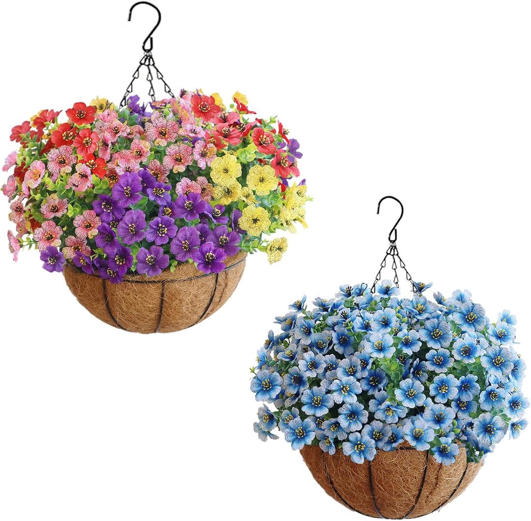 Artificial Hanging Plants Flowers with Basket 2 Packs, Artificial Hanging Flowers for Outdoors, Faux Hanging Plants Outdoor, Fake Flowers, Yellow+Purple+Pink+Red&Blue