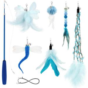 Cat Wand Toys for Indoor Cats - Cat Toy Set with Retractable Teaser Wand and 6 PCS Fairy Feather Toy Refills, Dragonfly Tassel Plush Cat Toys Interactive, Blue