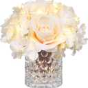 Rose Silk Flower Arrangement Artificial Vivid Rose in Glass Vase with LED Light Elegant Centerpiece for Home Wedding Bathroom Table Shelf Decoration (Champagne)