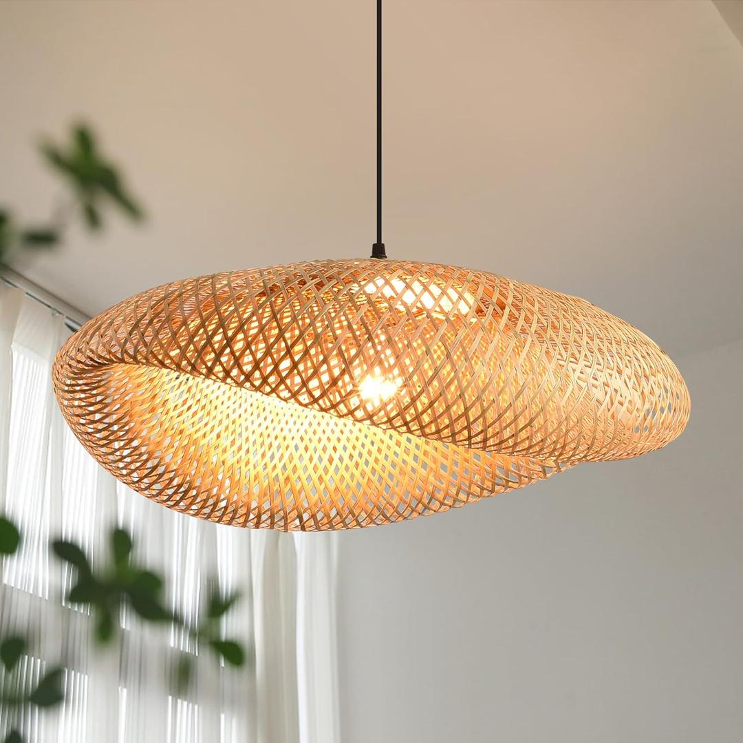 23.64in Bamboo Chandelier Boho Rattan Pendant Lighting Large Wicker Light Fixtures Bohemian Hand-Woven Hanging Ceiling Lights for Kitchen Island Dining Living Room Restaurants Bedroom Cafe