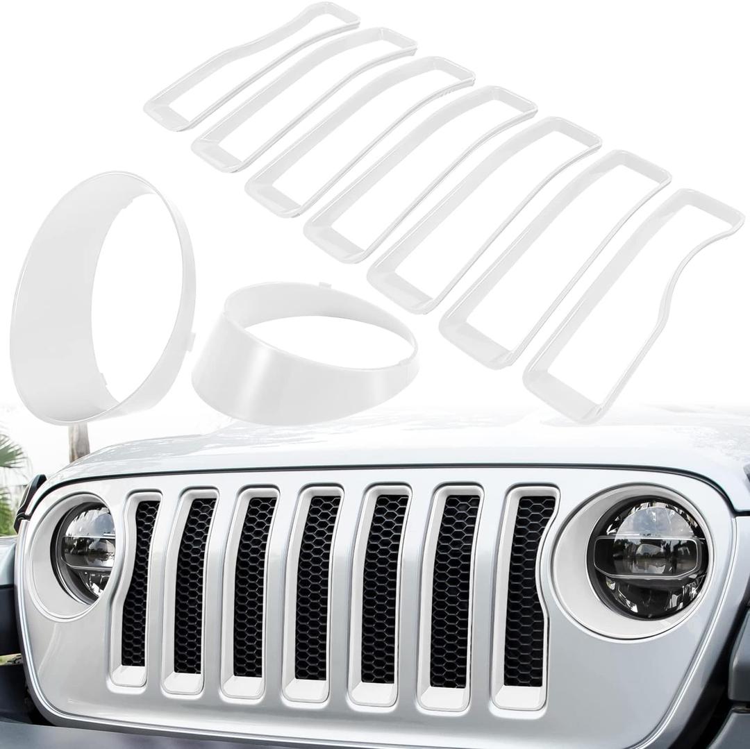 Front Grille Mesh Inserts & Headlight Cover for Jeep Wrangler JL JLU Unlimited Sport/Sports 2018-2023 Exterior Accessories Clip-in Grille Guard Cover Headlight Bezels Trim Ring (White 9PCS)