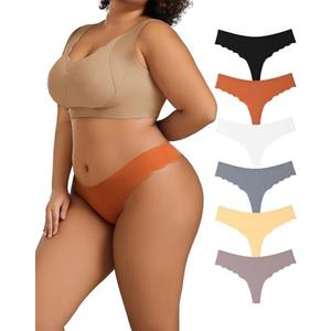 Hotcom 6 Pack Womens Plus Size Seamless Thongs, Breathable Stretch No Show Underwear, Sexy Invisible Wave Edge Panties, 4XL