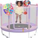 LANGXUN 60" Trampoline for Kids, 5ft Toddler Mini 6-in-1 Trampoline Indoor Outdoor with Swing, Basketball Hoop, Dart Board, Rings, Christmas Toys Birthday Gifts for Girls Boys (Purple & Pink 3- in-1)