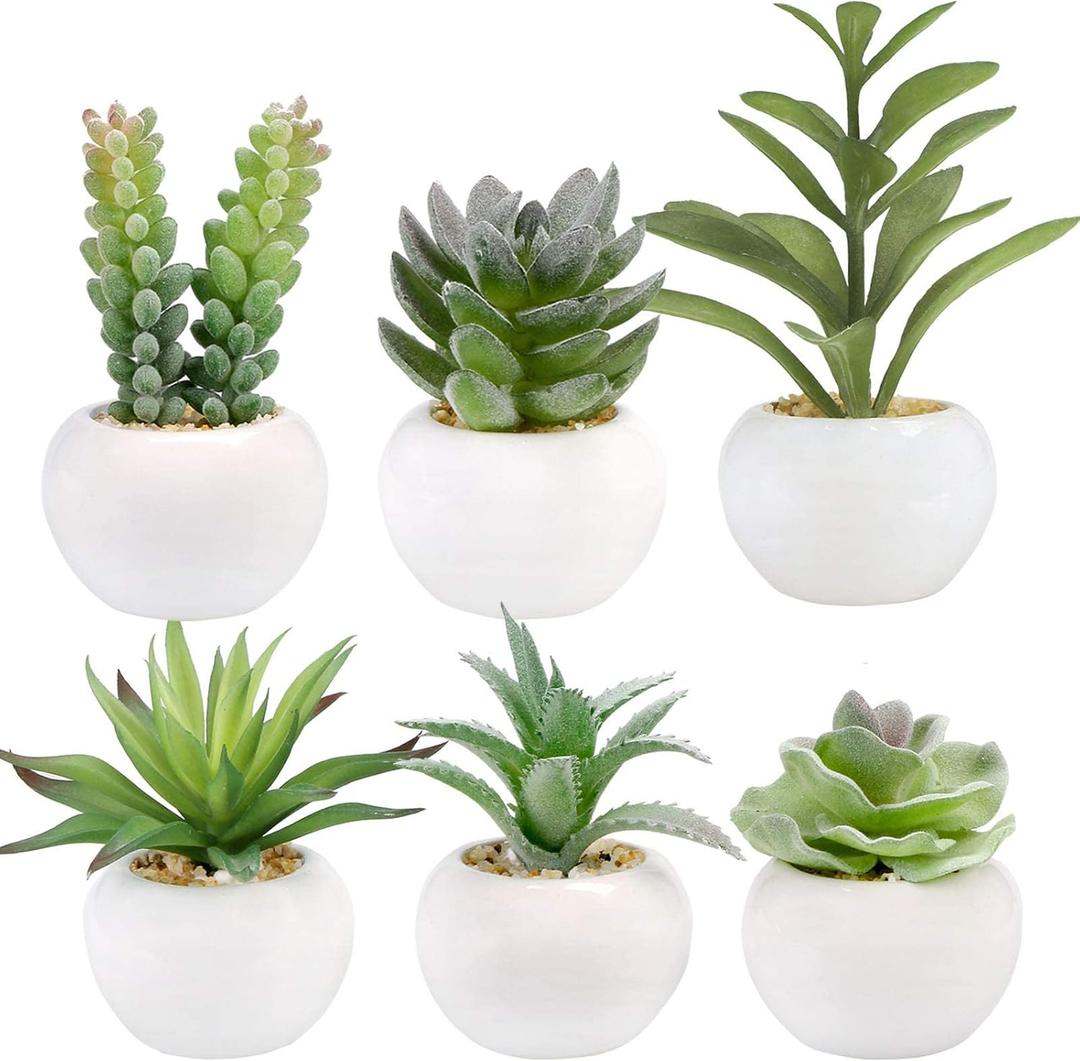 GREENTIME 6 Pcs Green Artificial Succulent Plants in Mini White Ceramic Pots Small Fake Succulent Plant Faux Indoor Decor Bedroom Desk Bathroom Office Living Room Table Shelf Home Decoration