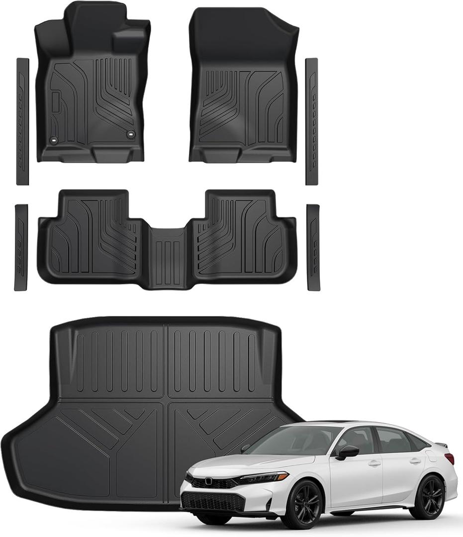 Floor Mats for Honda Civic Sedan 2022-2026/Acura Integra 2023-2026, All Weather Floor Mats Trunk Cargo Liner and Door Sill Guards Accessories, Full Coverage Set (Gas Only, Not fit Manual)