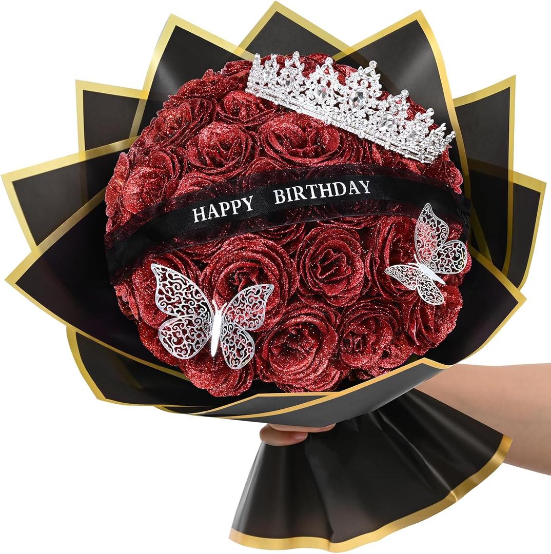 Waipfaru Glitter Roses Bouquet, Birthday Gifts for Women Mom, DIY Fake Flowers Bouquet with Birthday Stand-Up Signs, 36 Red Rose for Grandma Wife Friends