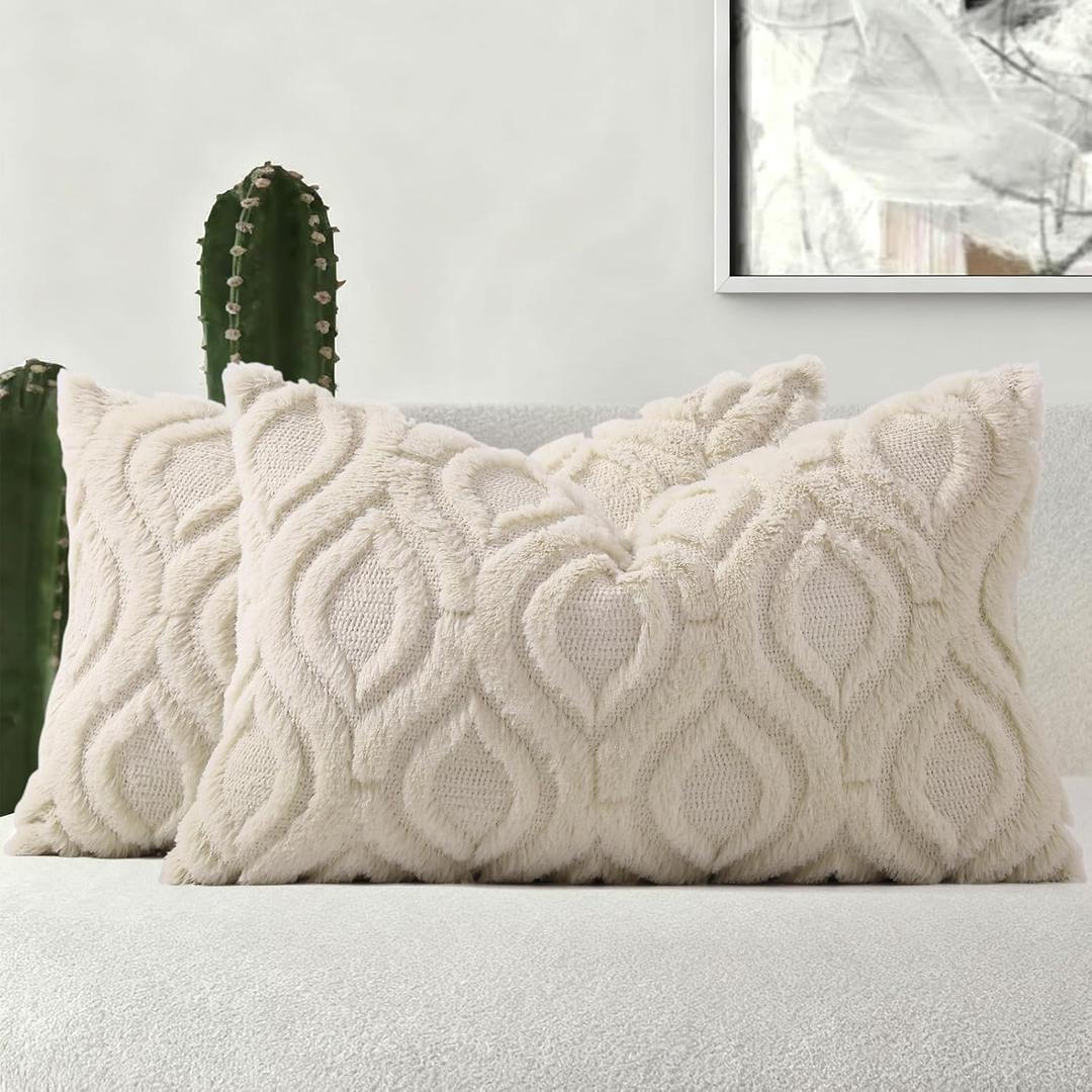 decorUhome Fall Throw Pillow Covers 12x20 Inch Set of 2, Soft Plush Decorative Faux Fur Beige Solid Couch Pillow Covers, Accent Farmhouse Neutral Lumbar Euro Pillow Cases for Sofa Bed Living Room
