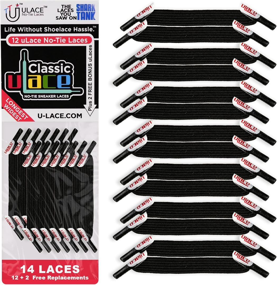 uLace Classic No-Tie Shoelaces - Elastic Shoe Laces for Sneakers | Stretchy, Elastic Laces | Easy Installation - 14 Laces (Black)