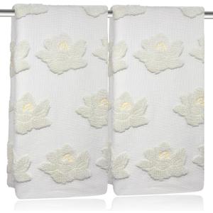 2pcs Magnolia Hand Towels for Bathroom Decorative Towels Set 100% Cotton Beige Jacquard Spring Summer Floral Bath Towels Dish Kitchen Towels Kitchen Bathroom Decor Gift (Magnolia Beige)