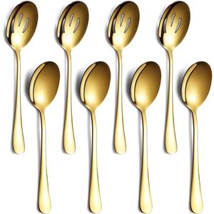 Gold Serving Spoons 8 Pieces, ReaNea Stainless Steel Serving Utensils Set inclunde 4 Serving Spoon 4 Serving Slotted Spoons, Dishwasher Safe