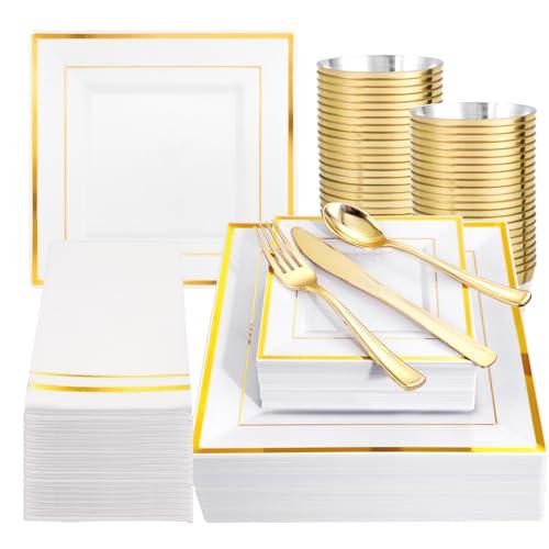 Festiva 50pc Gold Plastic Plates - Disposable Square Gold Plates Dinnerware set include 9.5"/6" Plates,Cups,Plastic Cutlery,Hand Napkins Perfect for 50 guests Party&Birthday&Wedding
