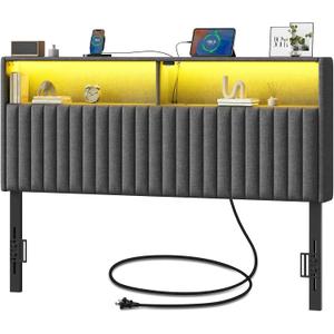 Rolanstar Headboard for Queen Size Bed with Storage, Head Board with USB & Type C Port, 60,000 DIY Color of LED Light, Velvet Upholstered, Height Adjustable, Sturdy, Easy Assembly, Grey