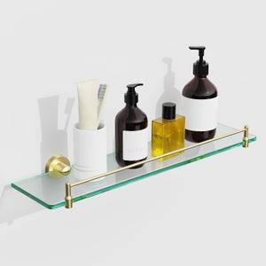 20 Inches Glass Shelves for Bathroom, Brushed Gold Floating Glass Shelf Stainless Steel Tempered Glass Bathroom Shelves for Wall Mount Modern