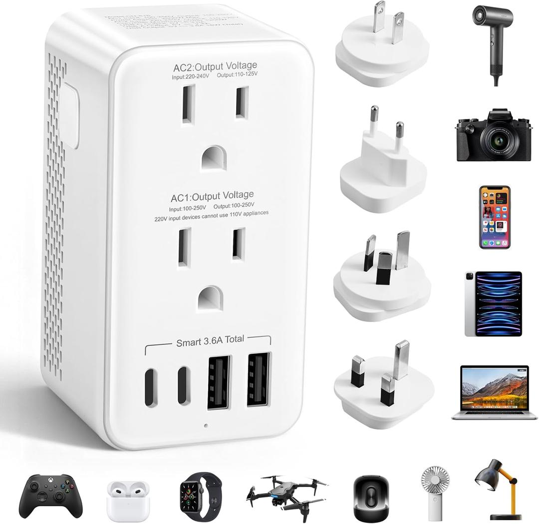 2500W Voltage Converter US to Europe, 220V to 110V Converter for European Travel, Power Converter Adapter Combo with 2 USB-A 2 USB-C, UK/AU/US/IT/European Travel Plug Adapters for Hair Dryer