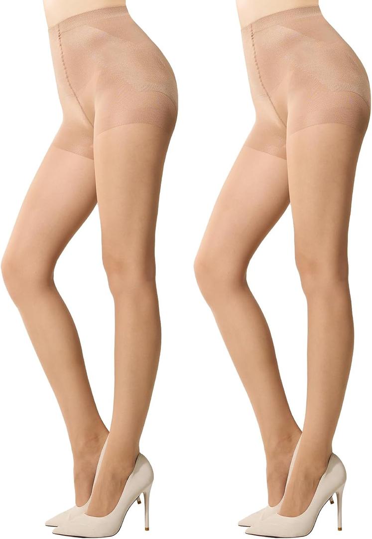 MANZI Control Top Pantyhose for Women 2 Pairs 20D Sheer Soft High Waist Tights Tummy Control Support Stockings (Small, Natural Nude)