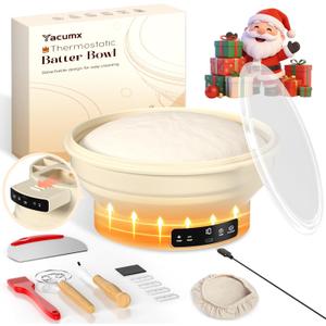 Electric Sourdough Starter Kit with 6-Temp (77-122) Control & Timer - 9" Foldable Sourdough Bread Baking Supplies & Dough Warmer - Complete Banneton Bread Proofing Basket Set for Artisan Home Bakers (Beige)