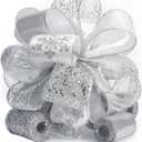 CT CRAFT LLC Sliver Snowflake Christmas Tree Topper Bow 11" with 4 Ribbon Streamers x 3 Yards Long Each for Holidy Elegant Fancy Home Dcor Indoor
