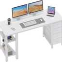 Lufeiya White Computer Desk with Fabric Drawers & Storage Shelves, 55 Inch Study Work Writing Desk for Home Office Bedroom, Simple Modern Cute PC Desks Table, White