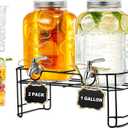 Drink Dispensers for Parties 1 Gallon, 2-PACK Glass Beverage Dispenser with Leakproof Stainless Steel Spigot, Stand, Ice Cylinder, for Christmas, BBQ, Picnic, Lemonade, Cocktails