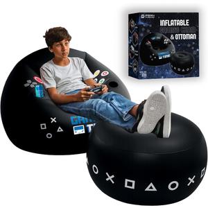 FranFusion Inflatable Gaming Chair for Kids & Teens with Cup Holders and Side Pocket - This Air Bean Bag Game Chair is The Perfect Furniture for Gamer Room Decor (Gaming Time with Ottoman)