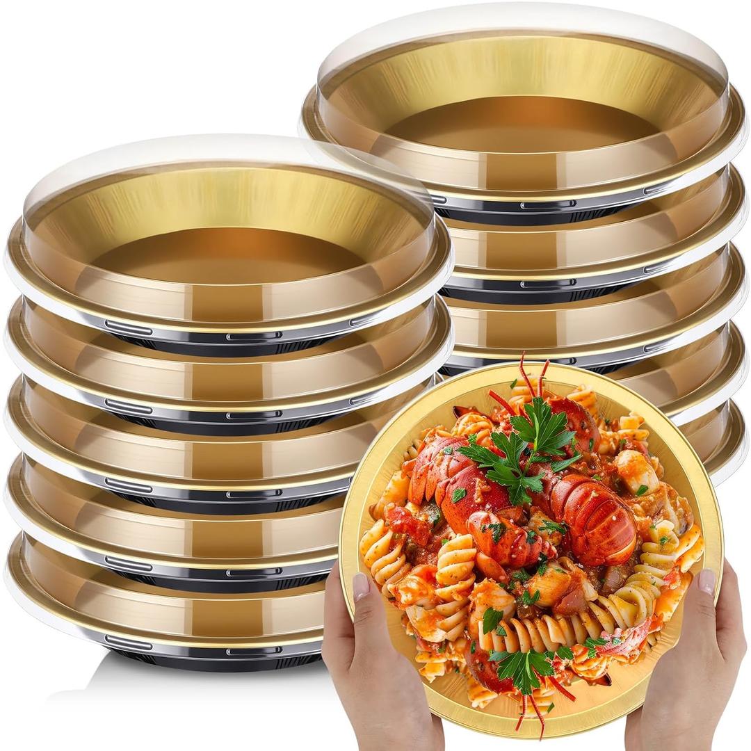 10 Pack 9 Inch Heavy Duty Aluminum Pie Tins Bulk with Lid, Oven and Freezer Safe Disposable Pie Pizza Pan Dessert Baking Cups Ideal for Restaurants Party Favors (Black,Gold)