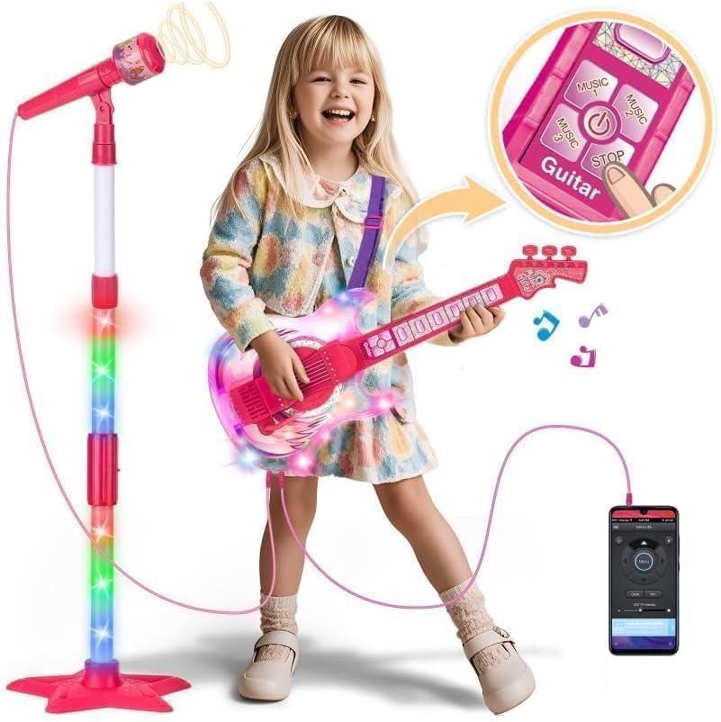 Kids Guitar and Microphone Set, Microphone with Stand and Color Light, Toy Guitar with Strap and Adjustable Volume, Toddler Musical Instrument for 5-9, Kids Karaoke Machine for Boy Girls (Pink)