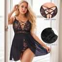 Sexy Lingerie Babydoll Nightgown Women Plus Size Chemise Nighties Lace Underwear One Piece Sleepwear Nightwear (Black)