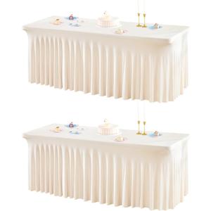 2 Packs Ivory Table Clothes for 6 Foot Rectangle Tables, One-Piece Wrinkle Resistant Stretch Spandex Table Covers with Skirt for Event Banquet Wedding Birthday Party