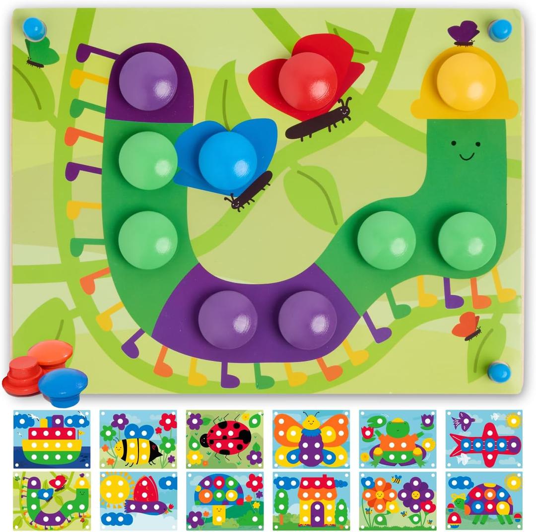 Nene Toys Wooden Color Matching Puzzle for Toddlers 2+ Years  Montessori Pegboard Button Game with Wooden Nails & Cards  Educational Toy for 2 3 Year Old Boys Girls  Fine Motor Skill Learning