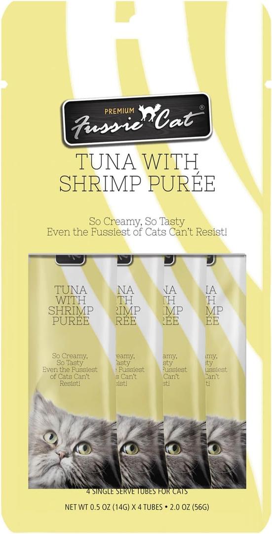 Fussie Cat Tuna with Shrimp Puree, lickable cat Treats, 0.5oz Pouch Pack of 4 (EXP 12/27/27)