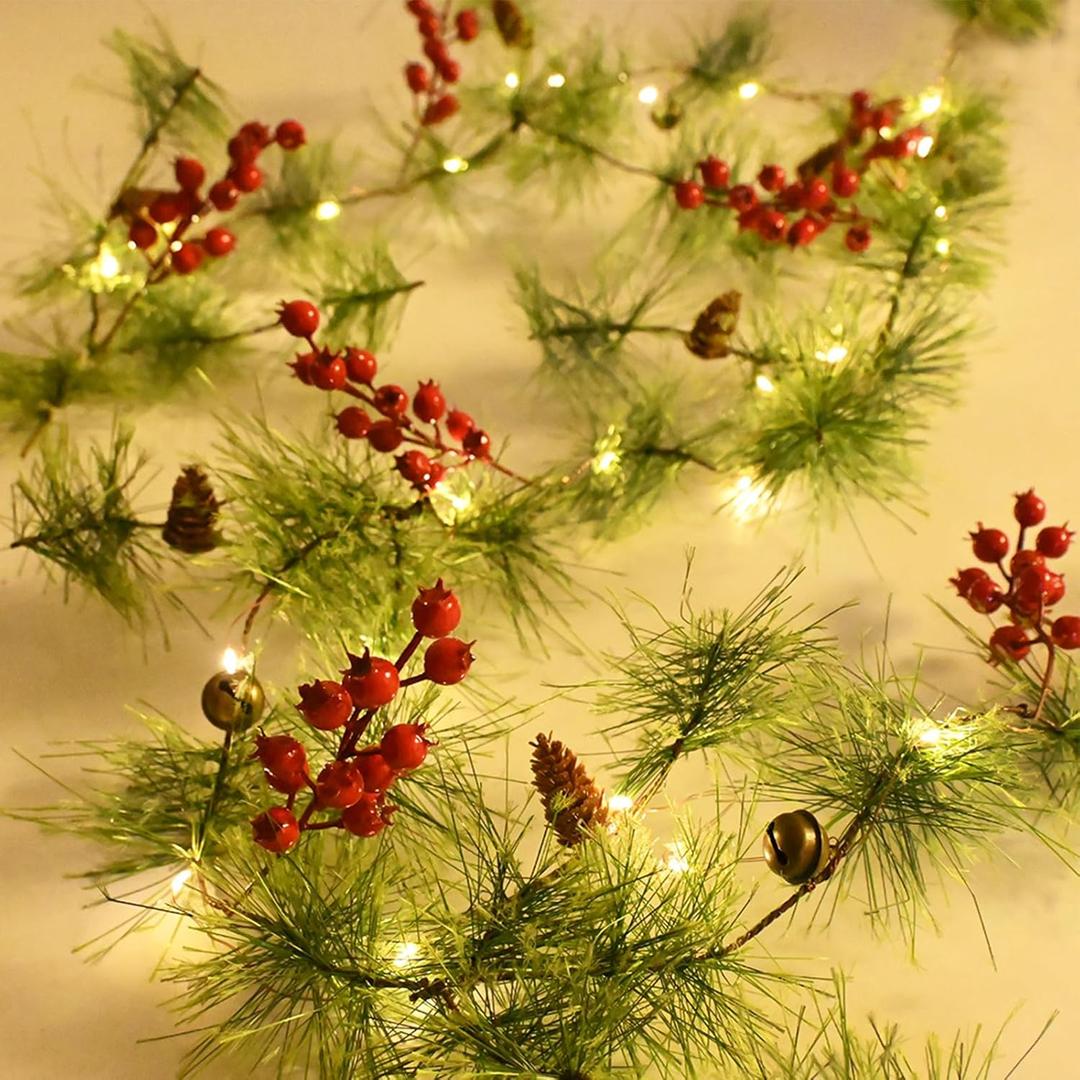 Christmas Garland with LED Fairy Lights Battery Operated Smokey Pine Garlands with 8 Flash Modes and Timer Red Berries Bells Pine Cones Green Garland Rustic Garlands for Xmas Holiday Home (6.56 feet-red berries)