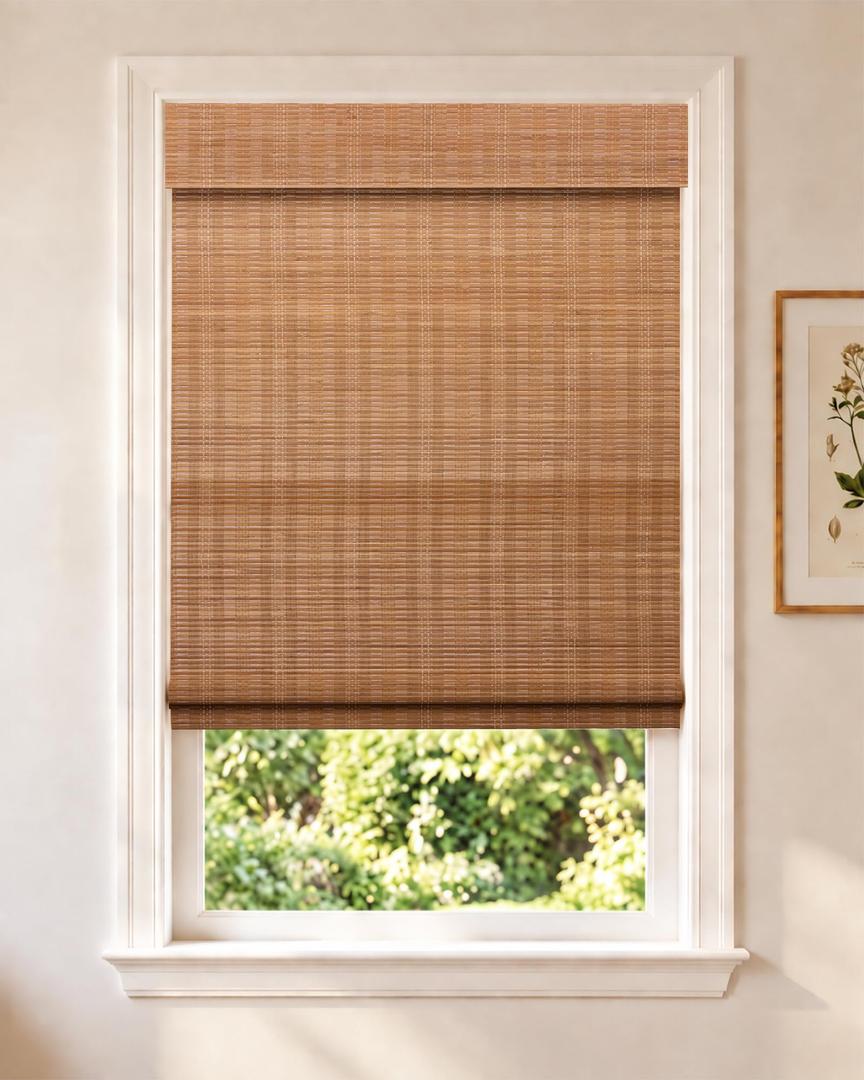 Cordless Bamboo Roman Shade, Light Filtering Blinds 27x48, Carbonized