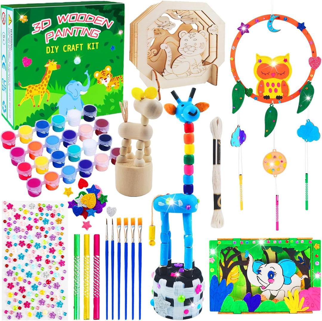 BEILUOYOO Wooden Painting Crafts for Kids - Art and Craft Kits for Kids 5-12 - Decorate & Build Your Own 3D Wood Animal Figures with Paint and Gem - Creative Activities Birthday Gifts for Girls Boys