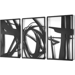 Pinetree Art Black Abstract Metal Wall Art, 3D Textured Metal Wall Sculptures, Hollow Out Design Modern Wall Decor for Living Room Bedroom Home Office (M, 16" x 24" x 3pcs)