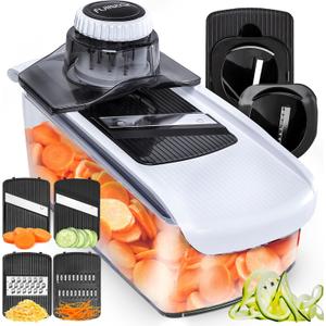 Fullstar Mandoline Slicer for Kitchen, Fruit Cutter, Cheese Grater, Cucumber Slicer, Veggie Spiralizer, Food Cutter & Kitchen Gadgets & Gifts with Safety Glove (6 in 1, White)