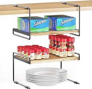 SpaceAid Cabinet Shelf Organizers 2 Pack, Kitchen Counter Organizer Rack Under Shelves Riser, Pantry Cupboard Storage Organization, Metal and Wood, Black and Natural, 13" Wide