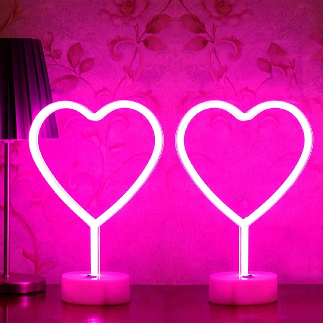 Pink Heart Neon Sign, 2 Pack Valentines Day LED Neon Light Battery Operated or USB Powered Valentines Lights, Table Decorations Lights for Galentines Day Decorations, wedding, Gifts for Women, lover.