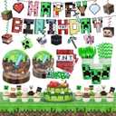 183Pcs Pixel Birthday Party Decorations, Pixel Game Theme Party Supplies Kit, Including Banner, Tablecloth,Hanging Swirls, Plates, Napkins, Cups, Forks, Cake Toppers, Drinking Straws, Serves 24 Guests