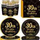 120Pcs 30th Birthday Party Supplies Plates Napkins Cups Forks Tableware Set Gold Black Happy 30th Birthday Themed Disposable Tableware Decoration Serves 24 Guests for Men Women 30 Years Old