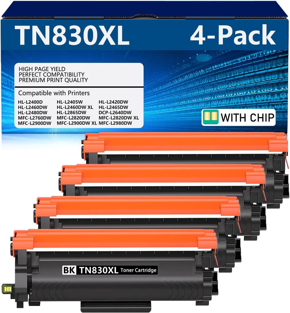 TN830XL High Yield Toner 4 Pack Compatible for TN830XL TN830XL/V/R Toner Cartridge Work for DCP-L2640DW MFC-L2820DW HL-L2400D HL-L2460DW HL-L2405W HL-L2465DW HL-L2480DW MFC-L2900DW Printer
