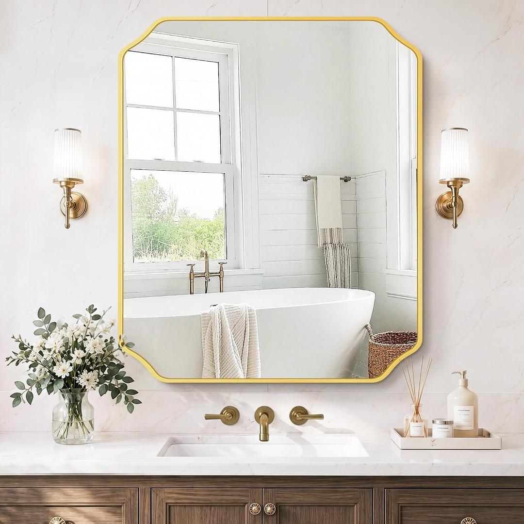 Gold Vanity Bathroom Mirror, 30" x 36" Scalloped Mirror for Wall