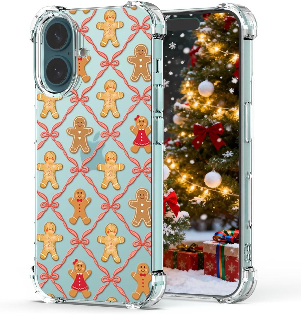 Cute Christmas Phone Case for iPhone 16 Gingerbread Man, Clear Design Shockproof Protect Women Phone Case for iPhone 16 Kids Girls