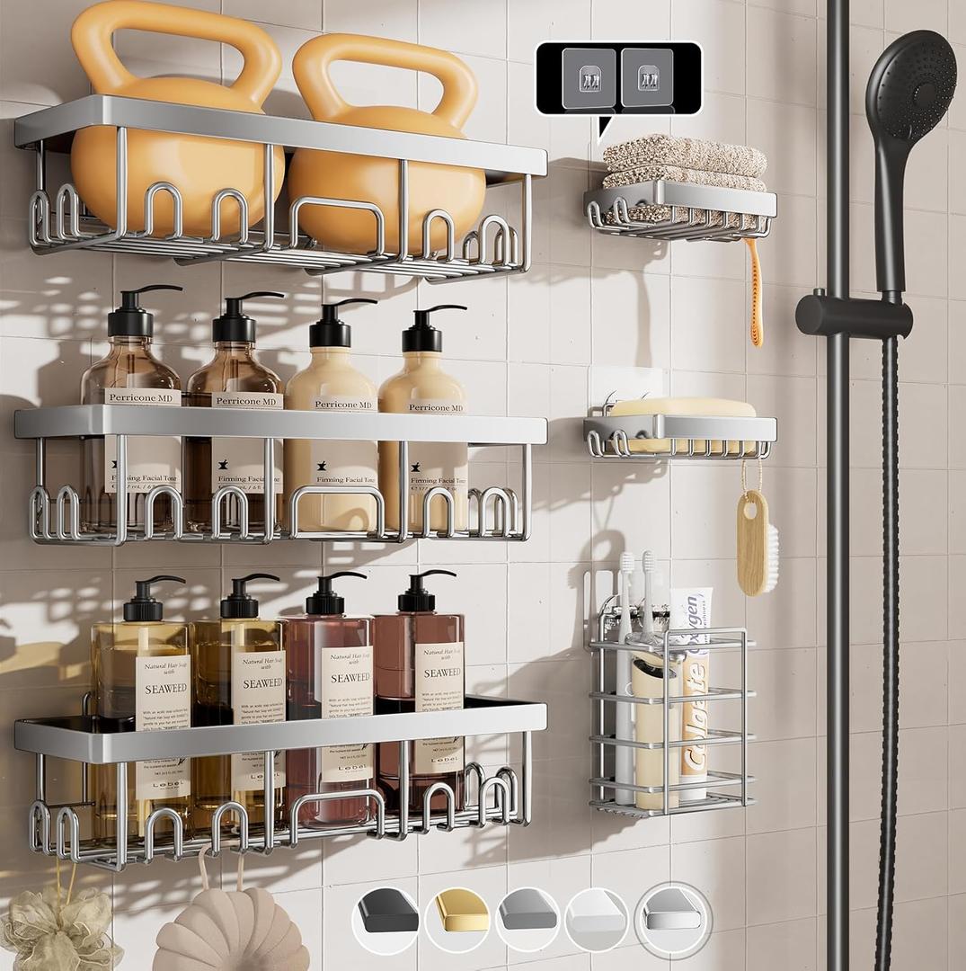 Veken Rustproof & Waterproof Shower Caddy 6-Pack, Ideal for Gift, Large Wall Mounted Shower Rack, Bathroom Shelves Over Toilet, Organizer Storage Accessories with Soap Dish & Toothbrush Holder, Silver (6-Piece Set)
