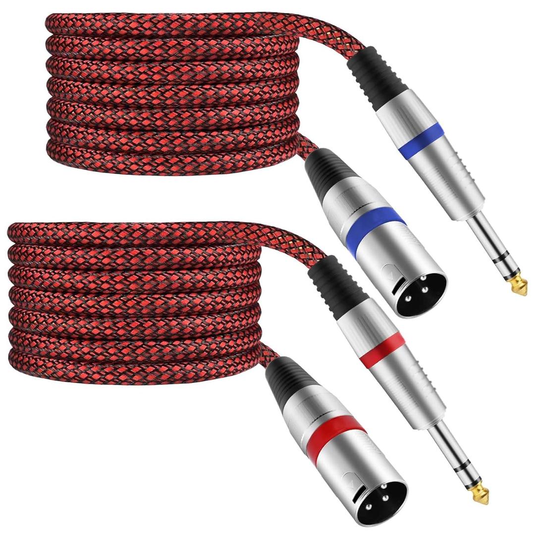 XLR Male to 1/4" TRS Cable Balanced - 10FT Quarter Inch Stereo to XLR Microphone Cord Adapter, Nylon Braided, OFC Shielded, Red Color, for Mixer, Monitor Speaker, Audio Interface, 2Pack (10 Feet, 2 Pack)